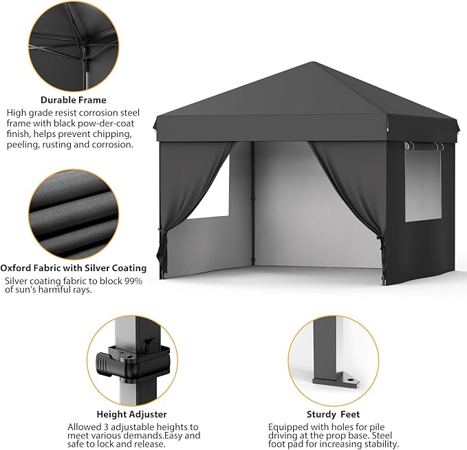 10x10FT Pop Up Canopy Tent Black 210D Oxford Waterproof with 4 Sidewalls Sun Shelter