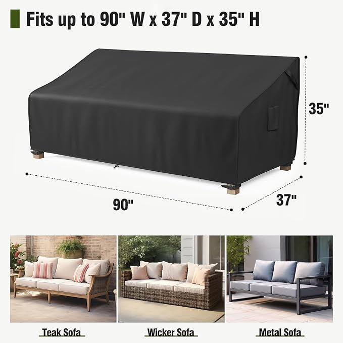 MR.COVER 3-Seater Outdoor Couch Cover Waterproof, Patio Furniture Cover for Sofa, Heavy Duty Outdoor Sofa Covers, Polyester & Double-Stitched Seams, Fits up to 90" W x 37" D x 35" H, Classic Black