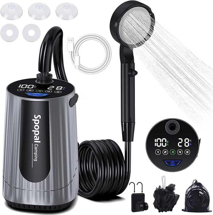 Spopal Portable Shower for Camping, [Upgraded] 10000mAh Rechargeable Camping Shower with 5 Adjustable Speeds,Premium LED Display, IPX8 Waterproof Outdoor Shower Kit for Hiking, Car, Pet, Travel