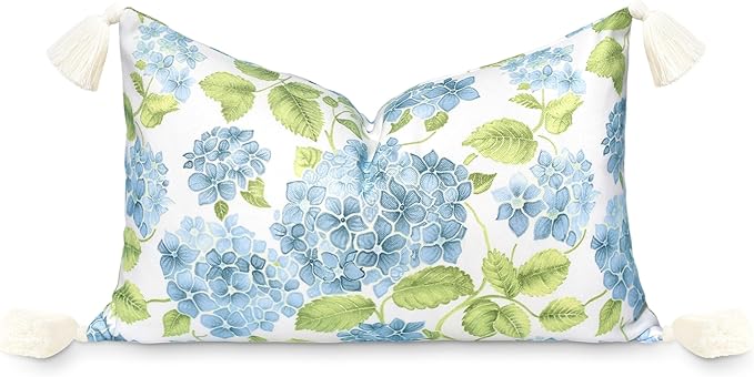 Hofdeco Premium Coastal Patio Indoor Outdoor Lumbar Pillow Cover Only, 12"x20" Water Repellent for Backyard, Couch, Baby Blue Green Print Sketch Hydrangea Flower