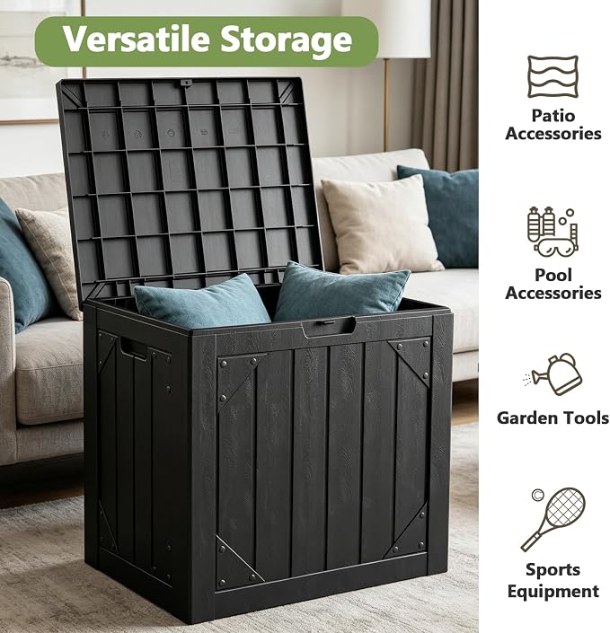 31 Gallon Outdoor Deck Box 4 Pack, Waterproof Resin Patio Storage Boxes with Lockable Lid, Small Outdoor Storage for Cushions, Accessories, Garden Tools, Indoor Outdoor Organizer, Black