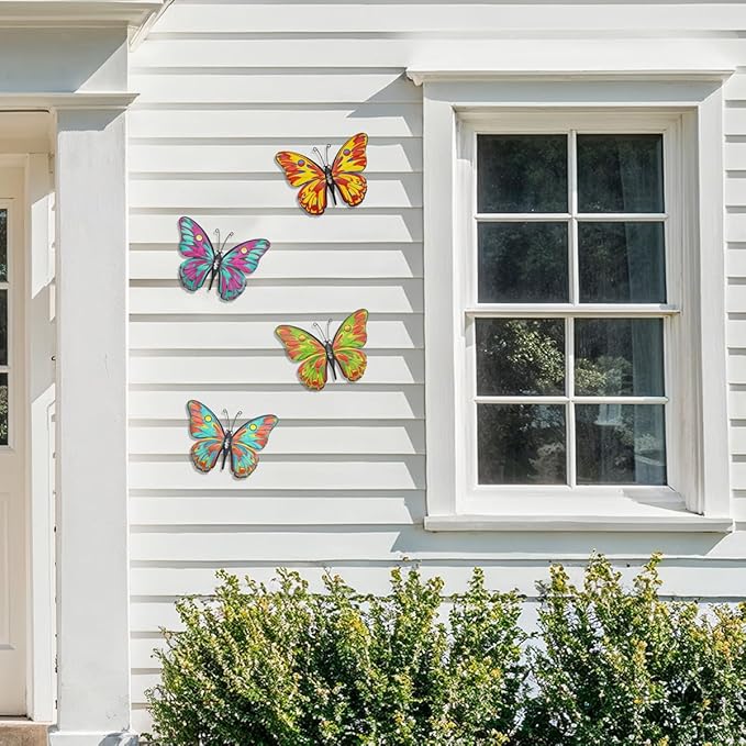 Daogtc Metal Butterfly Wall Decor - 9.6" Outdoor Fence Wall Art Decor, Hanging Decorations for Garden Yard Living Room Bedroom Patio Balcony(4 Pack)