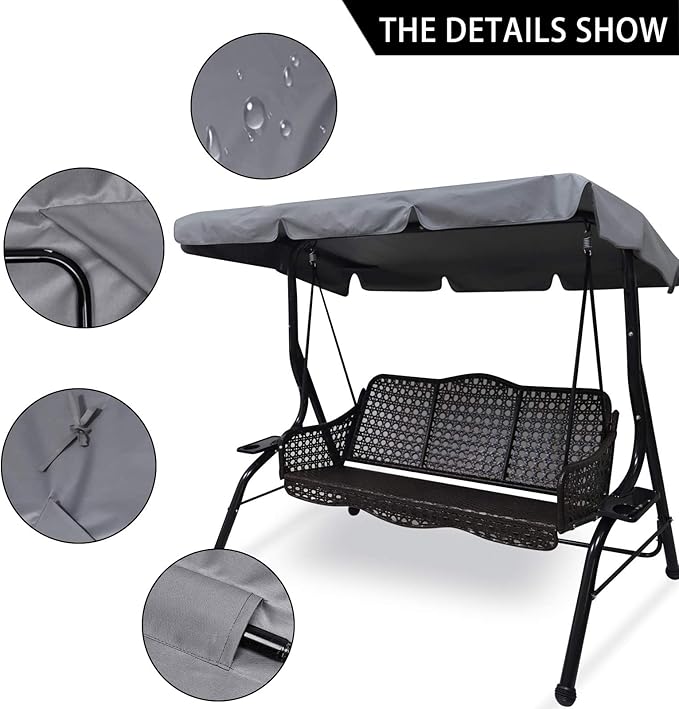 Outdoor Patio Swing Chair Canopy Replacement, 3 Seater Porch Swing Seat Canopy Cover, Waterproof Windproof Anti-UV Heavy Duty Rip Proof Garden Hammock Top Cover, Garden Furniture Covers (Grey, Large)