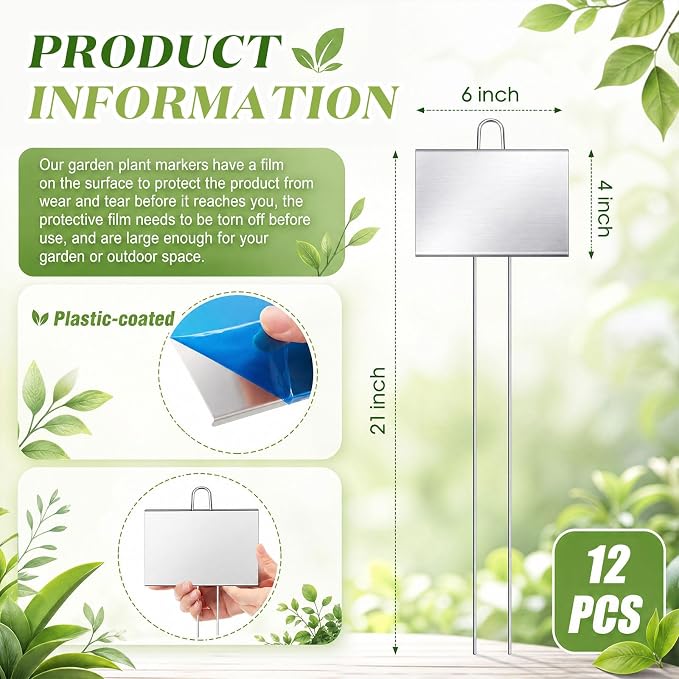 Landhoow 12 Pcs Large Garden Plant Markers Metal Plant Labels Sign 4'' x 6'' with 21'' Stake Weatherproof Waterproof Garden Sign for Outdoor Tree Seedlings Herbs Vegetable Greenhouse, Silver