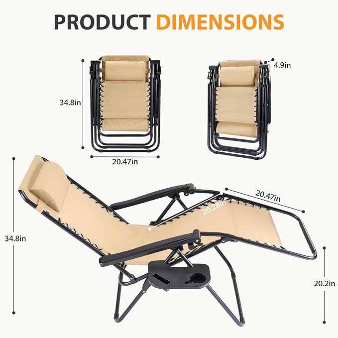 NEWBULIG Zero Gravity Chair Set of 2, Lounge Chair Folding Portable Adjustable Camping Reclining Chairs with Adjustable Pollow, Mesh Back, Cup Holder Trays Lawn Patio Chair for Pool Beach - Khaki
