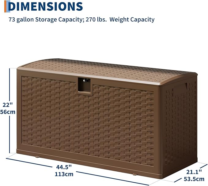 73 Gallon Outdoor Storage Box, Waterproof Resin Deck Box with Lockable Lid & Built in Handles, 270 LB Capacity, Weather Resistant Storage Bin for Patio Porch Garden Poolside, Brown