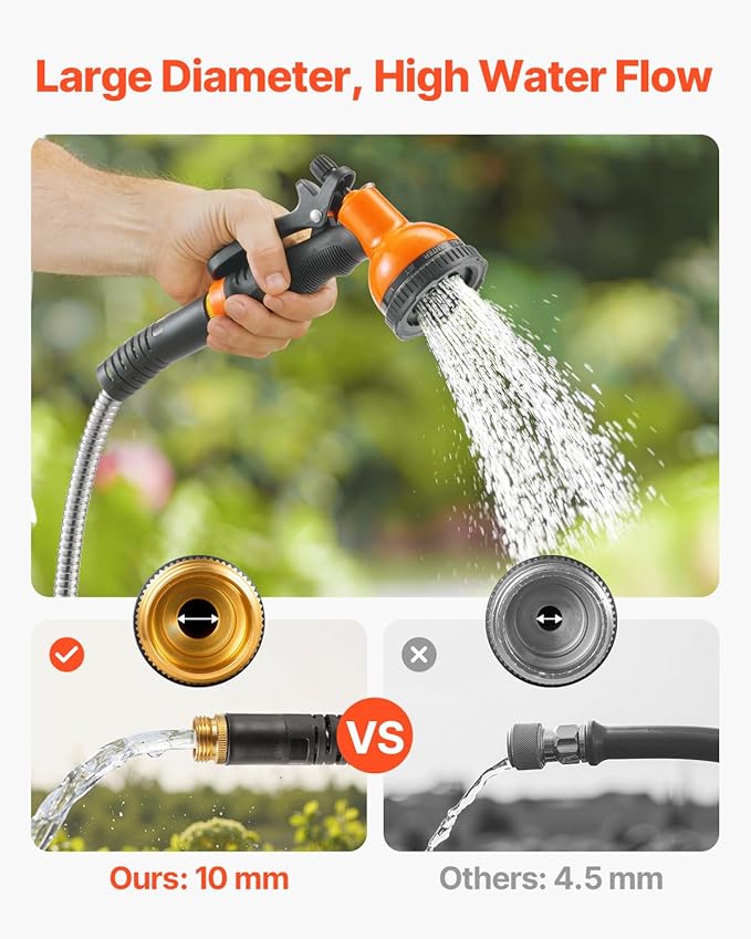 VEVOR Garden Hose Metal 50FT – Heavy Duty Stainless Steel Water Hose, Flexible, No Kink & Tangle, Puncture Resistant & Rust Proof, Lightweight w/ 10-Function Spray Nozzle for Yard, Outdoor, Gardening