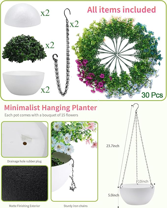 Artificial Hanging Flowers Basket for Outdoors, 30 Pack UV-Resistant Fake Colorful Silk Daisy Flowers (2 White Planters+30 Flowers(Green/Teal/Purple/Blue/Champagne))