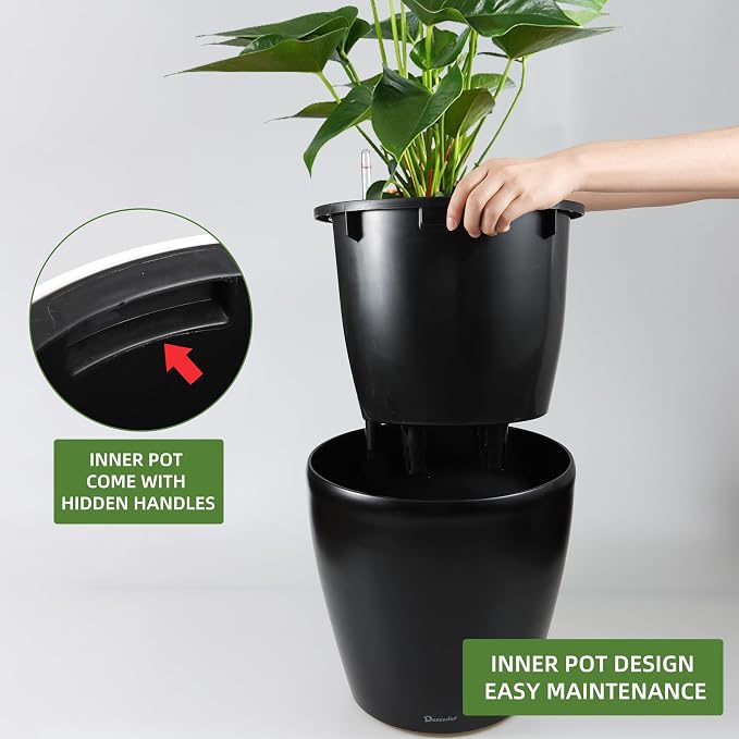Dexceder 15x14 Self Watering Planter with Wheels (Black Matte) | Inner Pot Design, Thickened Large Floor Standing Flower Plant Pot with Water Level Indicator Indoor Outdoor