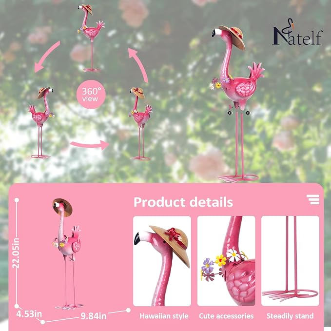 Natelf Flamingo Metal Garden Statue Outdoor Pink Hawaii Flamingo Yard Art Sculpture Decor with Flower Lei & Straw Hat, Waterproof Rust-Proof Lawn Decor for Pool, Beach, Patio, Poolside, Tropical Party