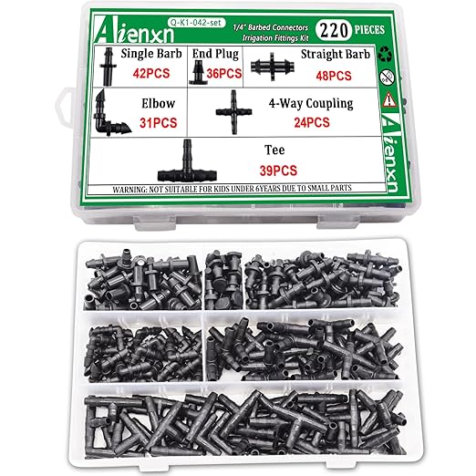 220PCS 1/4" Drip Irrigation Kit Barbed Connectors, Straight Barb, Tee, Single Barb, End Plug, Elbow, 4 Way Coupling Irrigation Fittings for Garden Lawn Flower Pot