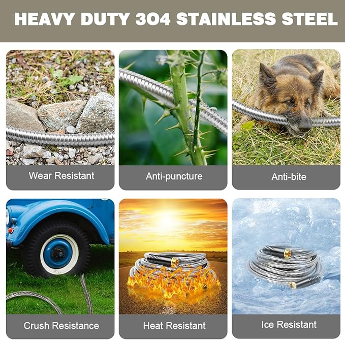 Omont Metal Garden Hose 100FT, Stainless Steel Water Hose with Nozzle, Flexible, Lightweight, Puncture Proof, Never Kink & Tangle, Heavy Duty Garden Hose for Yard and Outdoor