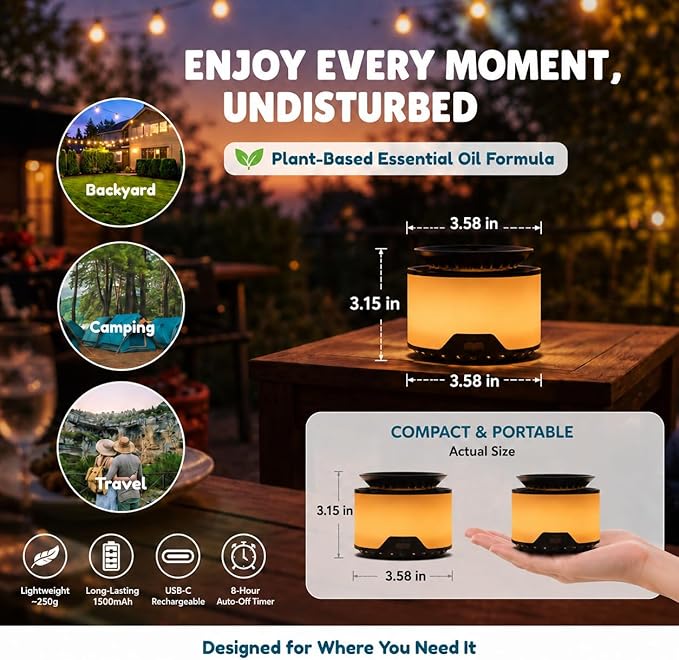 Mosquito Repellent Outdoor Patio, Rechargeable Mosquito Repeller Device with Fan-Powered Botanical Cartridge System, Amber Ambient Light, 1500mAh Battery, USB-C Charging, Includes 2 Cartridges