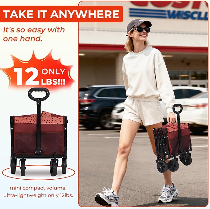 Compact Foldable Tailgate Wagon Cart with Wheels, 12 lb Lightweight Small Folding Utility Wagon for Garden, Grocery, Beach, Camping - Portable Cart (Red)