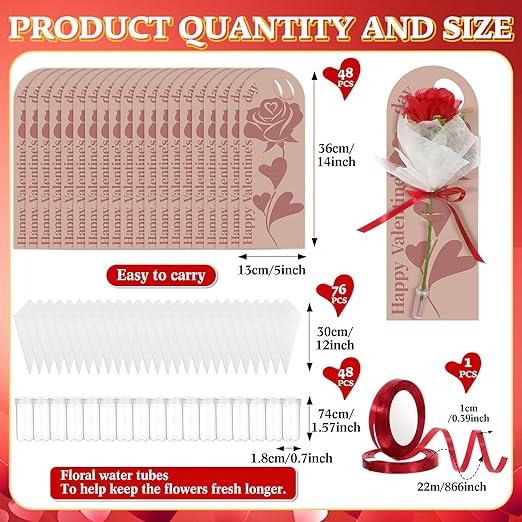 Eaasty 48 Set Valentine's Day Themed Single Rose Card Sleeve Gift Packaging Flower Holder with Floral Water Tubes Ribbon Floral Tissue Paper for Rose Packing