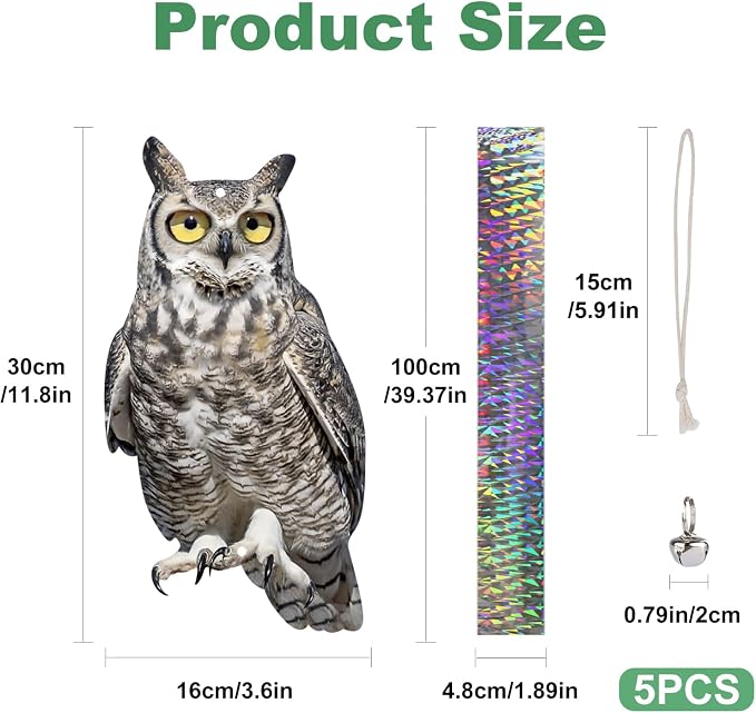 5PCS Reflective Plastic Owl Hanging Decoration Dual-Side Printed Raster Fake Eagle Garden Owl with Scare Tape for Garden Patio Windows