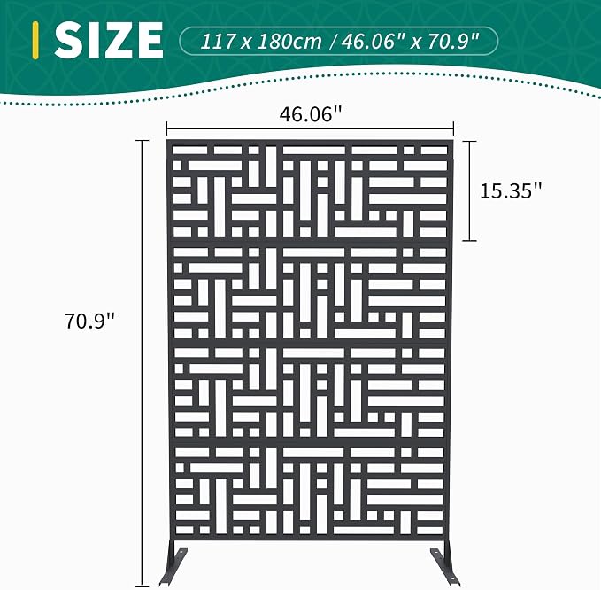 Metal Privacy Screen Outdoor - 71"x46" Freestanding Privacy Panels for Patio, Deck, Lawn & Garden, Weather-Resistant Rustproof Room Divider with Stand