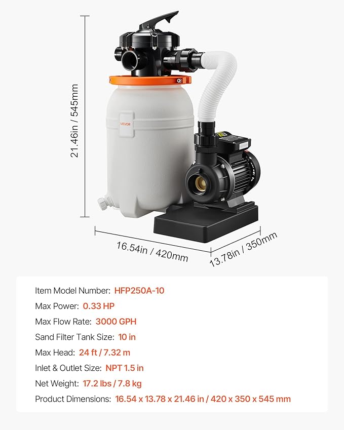 VEVOR 10 in Sand Filter Pump for Above Ground Pool, 0.33 HP 3000 GPH, Swimming Pool Sand Filter Pump with Pre-Assembled Core & Leak-Resistant Design, 6-Way Valve, High-Efficiency Filtration for Pools