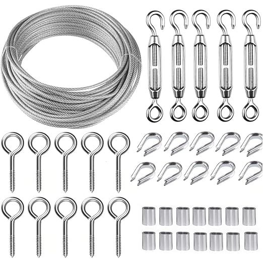 TooTaci Turnbuckle Wire Tensioner Kit, 100ft 1/16 Vinyl Coated Stainless Steel Wire Rope Cable with M5 Turnbuckles for Curtain, Garden Trellis, Picture, String Lights Hanging, Climbing Plants Outdoor