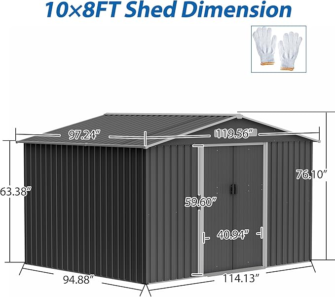 KEIKI Storage Shed 10x8 FT, Large Metal Tool Shed for Outdoor Storage, Galvanized Steel Garden Shed with Lockable Sliding Doors for Patio, Backyard, Lawn, Grey