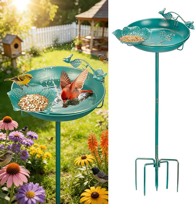 Mellbree Bird Bath for Outside, 12" Dia 39" H Lake Blue with Gold Gilding Metal birdbath for Outdoors, Freestanding with Perch & Feeder Bowl, Multi-Functional for Garden Patio Yard Lawn Outdoor Decor