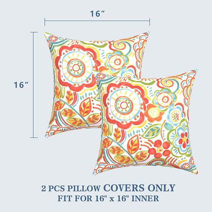 LVTXIII 2 Pack Outdoor Throw Pillow Covers for Patio Furniture, 16x16 Inch Square Pillow Case, Water-Repellent Cushion Covers for Garden, Porch, Sofa, Flower Multi