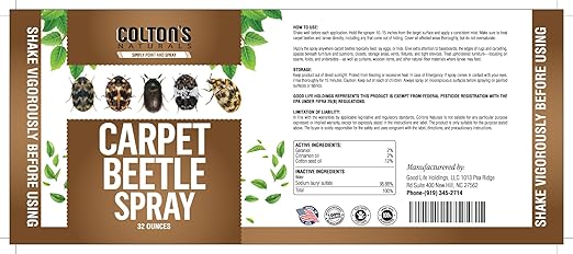 Carpet Beetle Spray – Carpet Beetle Killer for Eggs, Larvae & Adults – Indoor Home Pest Treatment for Rugs, Upholstery, Closets & Baseboards – Non-Staining, Pet & Family Safe Formula