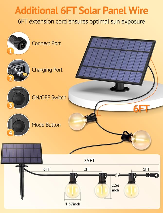 Larkvue 25FT Solar String Lights Outdoor with Remote, Waterproof Dimmable 3 Modes Patio Lights with 10+1 LED Shatterproof G40 Bulbs for Backyard-Black