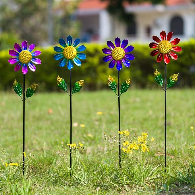 4 Pack Wind Spinner Outdoor,Waterproof Metal Flowers Windmill,Pinwheels for Yard and Garden, Flower Wind Sculpture & Spinner for Patio Lawn Decor