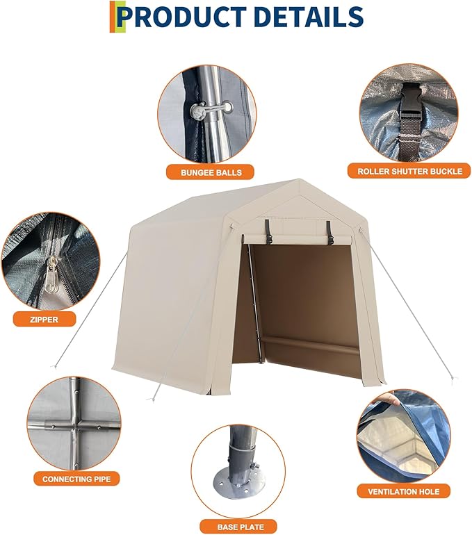 6 x 8 ft Bike Shed Storage Tent, Portable Outdoor Storage Shelter with Roll-Up Double Zipper Door, Ventilated Tarp Shed, Galvanized Steel Frame for ATV Motorcycle Bicycle Garden Tools,Khaki