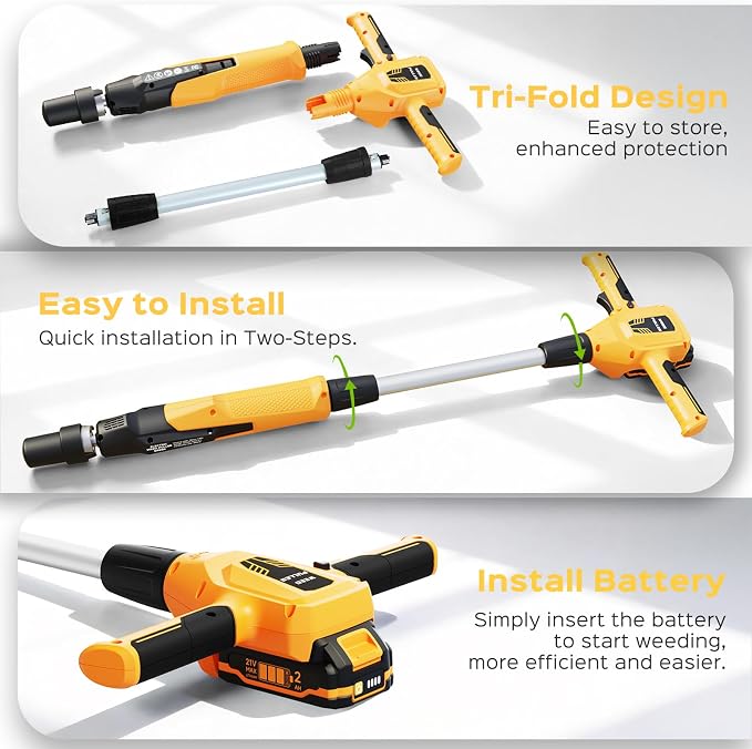 Weed Puller Tool, 21V Powerful Electric Weeder Tool with 2.0Ah Battery and Charger, Garden Tools Weed Remover Tool with 3-Claw Steel Head for Smooth Weeding, Ideal Gifts for Men Women Mom Dad, Yellow