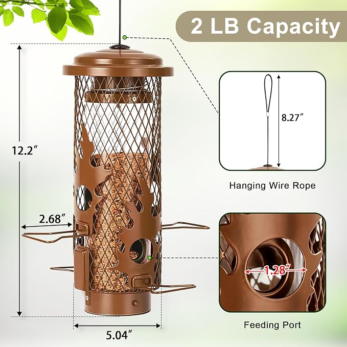 Gbekery Metal Bird Feeders Squirrel Proof for Outdoors Hanging, Brown | Metal Wild Bird Feeders for Small Birds with Weight Activated Perches, Weatherproof and Durable, Perfect for Backyard Garden