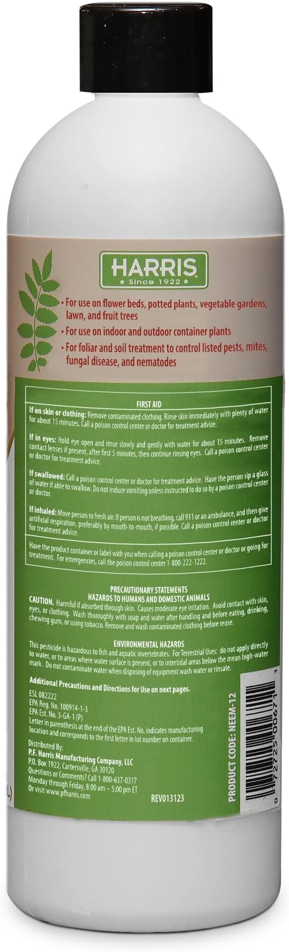 Harris Concentrated Neem Oil 100% Cold Pressed Filtered Oil Insecticide/Miticide/Fungicide, 12 oz Concentrate