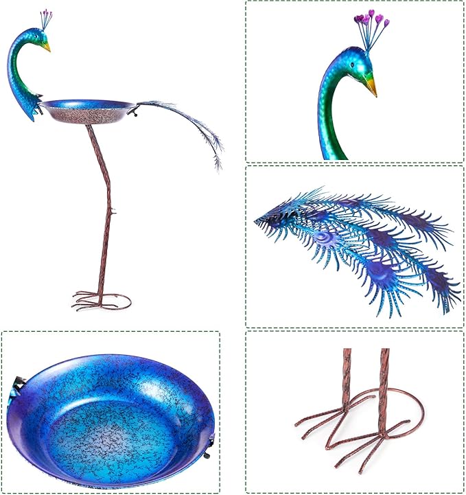 HLQMFHT 12.8" W*38.2" H Peacock Bird Baths for Outdoor, Metal Bird Feeder Seed Trayr,Bird Bath Drinker Plate, Garden Lawn Yard Decor(Multicolor)