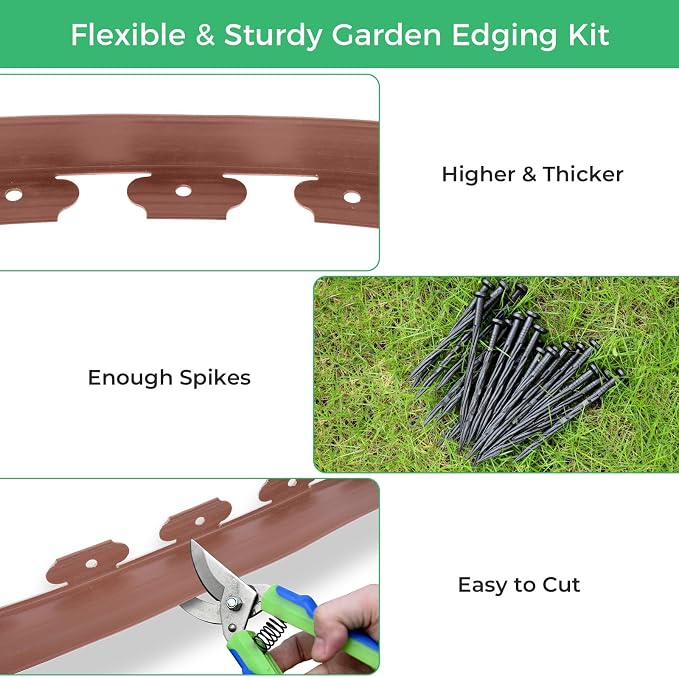 2-Inch x 200 FT Landscape Edging Border with 300 Stakes, Plastic Garden Edging Border Kit, Flexible No Dig Lawn Edging Border for Garden Flower Beds Yard Pathway Paver (Brown)