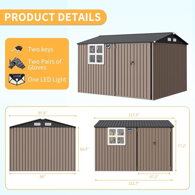 Garvee 8x10 ft Heavy-Duty Metal Storage Shed with Lockable Door & Windows - Galvanized Steel Outdoor Utility Shed with Sloped Roof for Backyard, Garden, Garage, and Patio, Brown