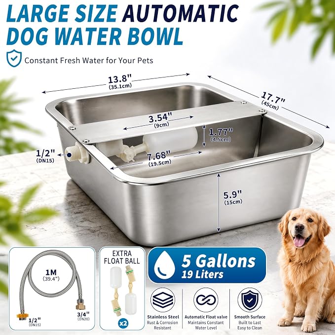 5 Gallon Automatic Dog Water Dispenser, Large Dog Water Bowl Dispenser for Outdoor, Stainless Steel Pet Bowl for Waterer Auto Fill Pet Waterer for Livestock Dogs Cats Chicken Fit 3/4'' GHT Faucet