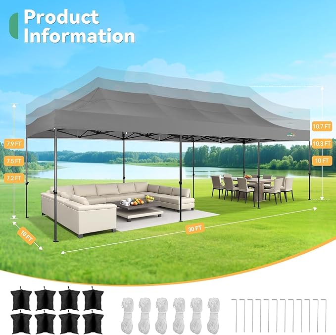 COBIZI 10x30 Pop up Carport, Heavy Duty Without Sidewalls, Easy Set-up Commercial Outdoor Party Canopy, 100% Waterproof Wedding Canopy Gazebo, 3 Height Adjustable with Wheeled Bag, Gray