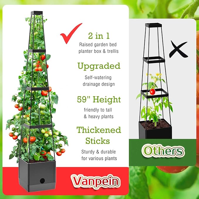 Raised Garden Bed Planter Boxes & Trellis, vanpein Tomato Cage & Planter Pot Outdoor 59" Plant Support with Self Watering for Climbing Vegetable Flowers Vines Plants, Gray