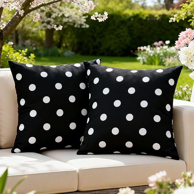 SquarePie Pack of 2 Outdoor Pillow Covers Waterproof Decorative Throw Pillowcase Black White Garden Cushion Cover Cases for Spring Patio Couch Balcony Bench,20x20 inch Black Polka Dot
