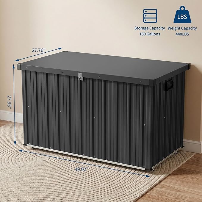 Metal Deck Box Waterproof 150 Gallon, Metal Outdoor Storage Box with Dual Gas Struts, Wheels and Handles, Large Capacity Galvanized Steel Patio Storage Bin for Cushions, Garden Tools, Pool, Porch
