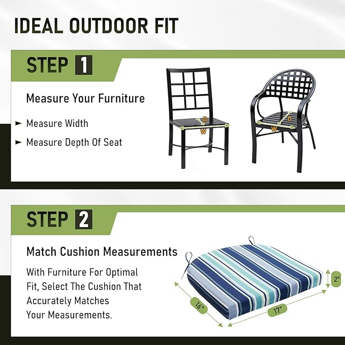 Basic Beyond Outdoor Chair Cushions Set of 4, Outdoor Cushions for Patio Furniture, Water Resistant Patio Chair Cushions with 2 Ties, 17x16x2, Pinstriped Blue