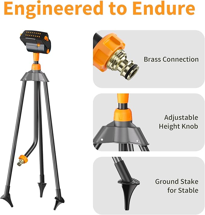 Diivoo Garden Sprinkler with Tripod Base, Mini Turbo Oscillating Water Sprinklers for Yard, Adjustable Width, Range and Flow Rate, 16 Nozzles, Grey