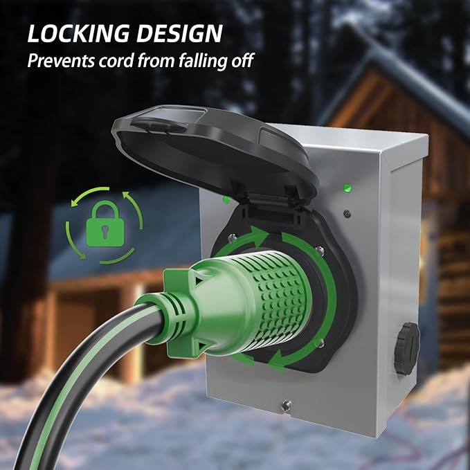 4 Prong 30 Amp Extension Generator Cord 25FT, NEMA L14-30P/L14-30R, 125/250 Volt Up to 7500 Watts, 10 Gauge SJTW Twist Lock Power Cord for Manual Transfer Switch, Black&Green, ETL Listed