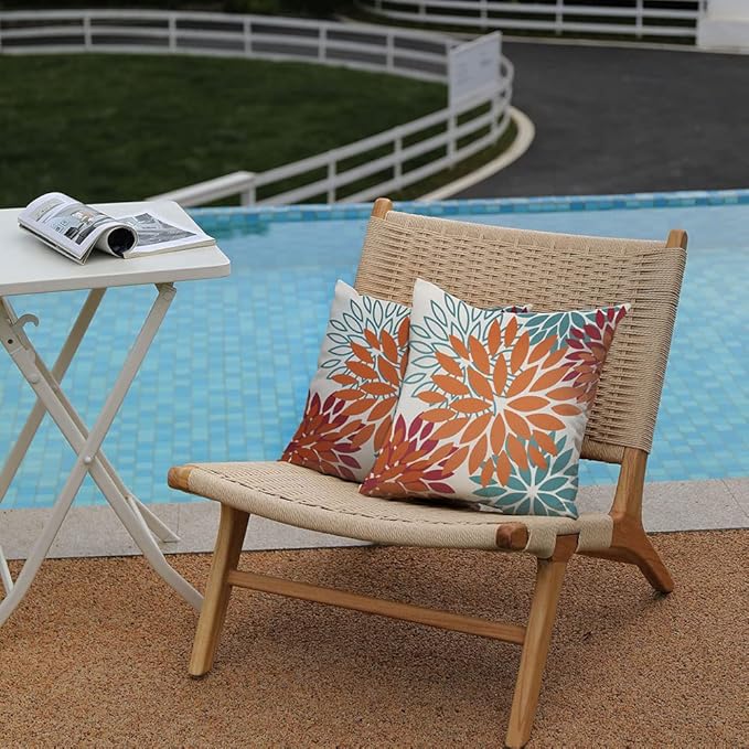 DFXSZ Orange Teal Red Flower Pillow Covers 18x18 Inch Set of 2 Fall Throw Pillows Outdoor Waterproof Decor for Living Room Sofa Patio Funiture Garden Floral Polyester Pillow Covers 002Y18