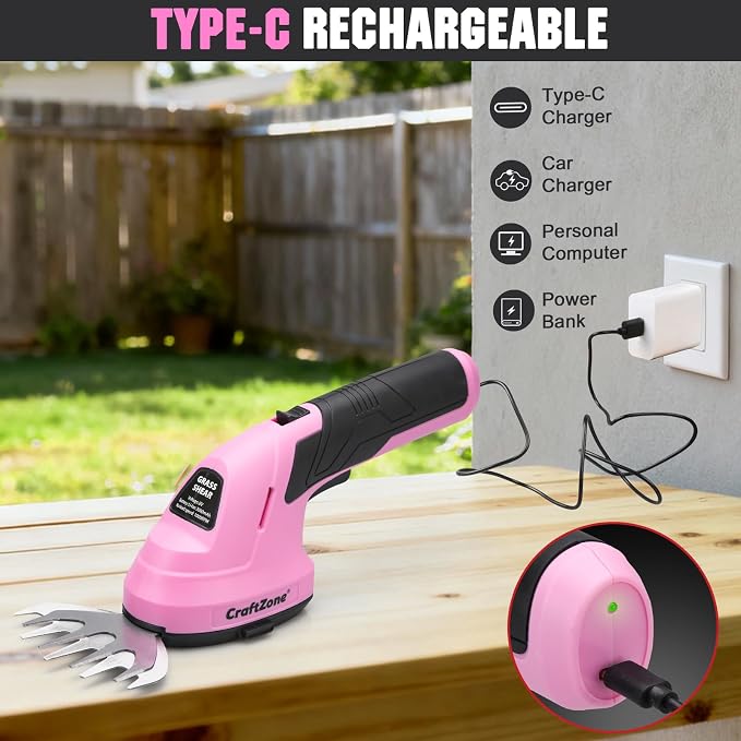 2-in-1 Cordless Grass Shear and Hedge Trimmer - Pink, 8V Handheld Electric Shrub Trimmer/Grass Cutter with Rechargeable Lithium-Ion Battery and Type-C Charging Cable