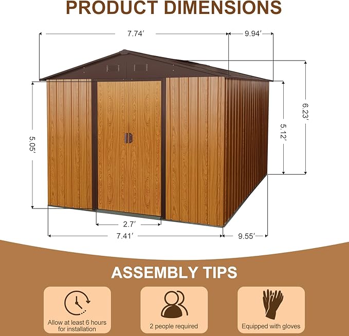 YOPTO 10×8 FT Outdoor Metal Storage Shed with Floor Base,Heavy Duty Garden Shed W/Integrated Punched Vents and Sliding Doors & Padlock,Large Waterproof Storage House for Backyard,Lawn,Coffee