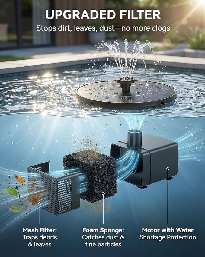 Solar Bird Bath Fountains, 2026 Upgraded 1.4W Solar Fountain Pump with 7 Nozzles, Free Standing Floating Solar Powered Water Pump Fountain for Bird Bath, Garden, Pond, Pool, Outdoor (6.3in)