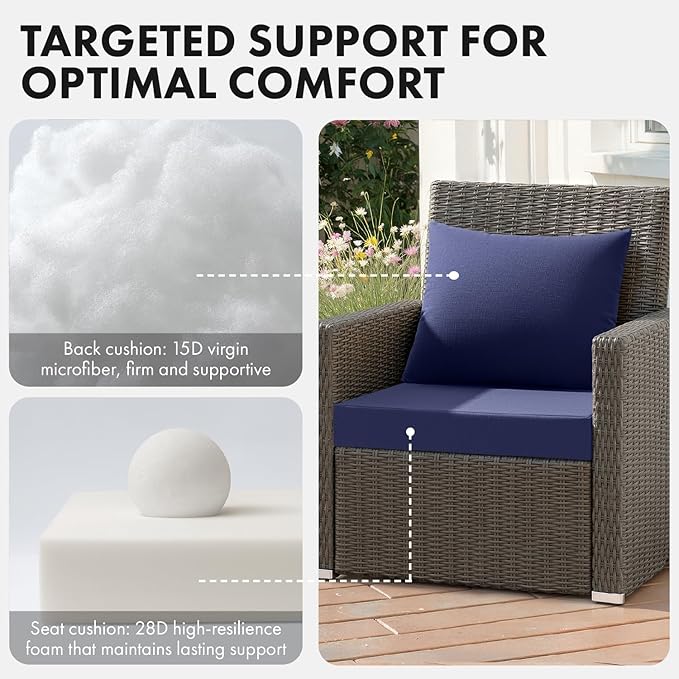 MIULEE Navy Outdoor Seat Cushion Set 22x22 Inch Linen Textured Waterproof & 3 Year Color Fastness Seat and Back Cushion with Ties No Slip Design for Patio Furniture Chair Sofa Couch