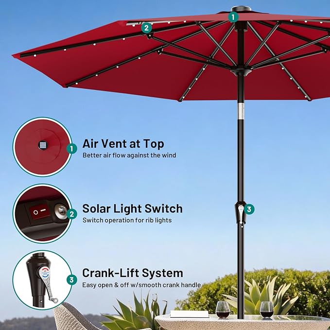 AreShark 9FT Patio Umbrella with Solar Lights, 32 Lighted Pool Umbrella w/Tilt and Crank, Outdoor Market Solar Umbrellas for Garden, Deck, Backyard, Pool and Beach, Dark Red